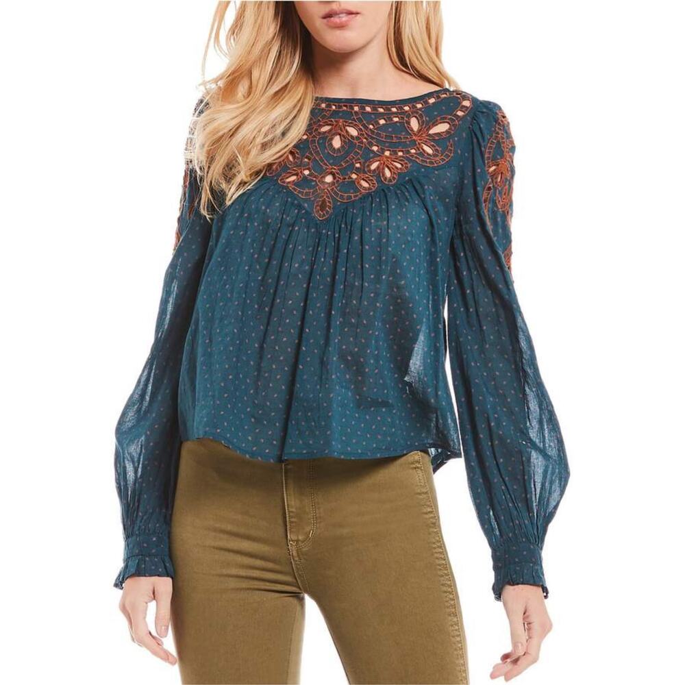 NWOT FREE PEOPLE Top S Teal-Green-Navy Brown-Embroidery Eyelet Balloon-Long-Slev